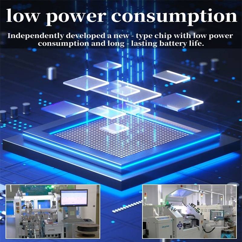 Werbegrafik eines leuchtenden Mikrochips mit dem Text „niedriger Stromverbrauch