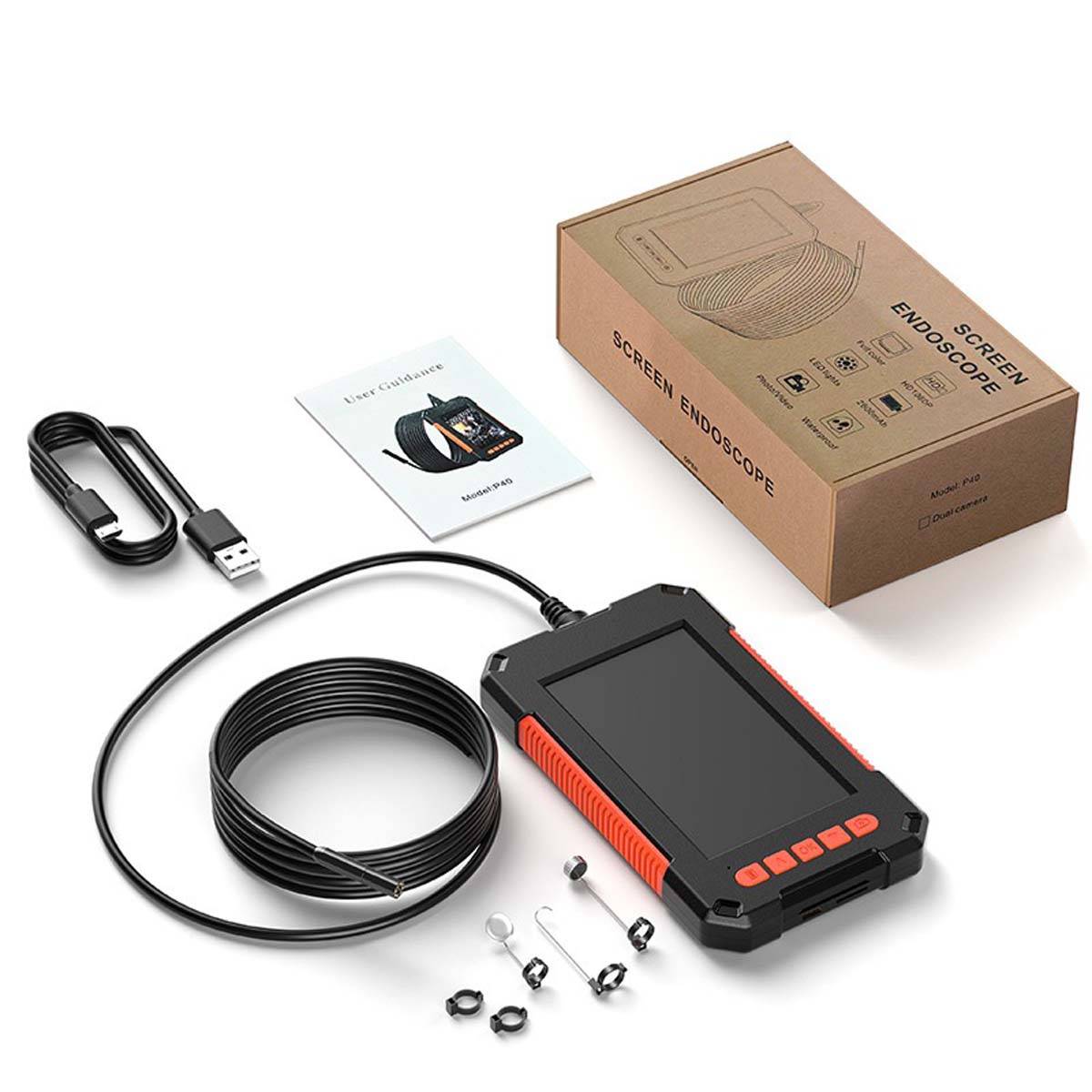 Endoskop-Set mit Bildschirm mit tragbarem Display, USB-Kabel, Zubehör, Benutzerhandbuch und Produktbox auf weißem Hintergrund.