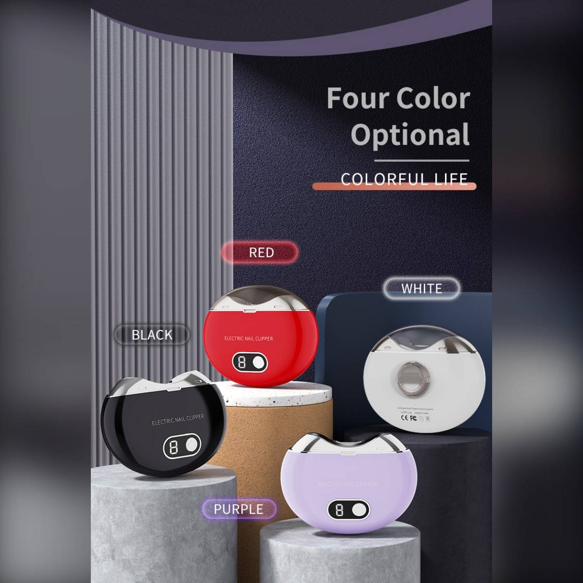 Werbebild eines runden elektrischen Nagelknipsers in vier Farben erhältlich: Schwarz, Rot, Weiß und Lila, mit dem Text „Four Color Optional
