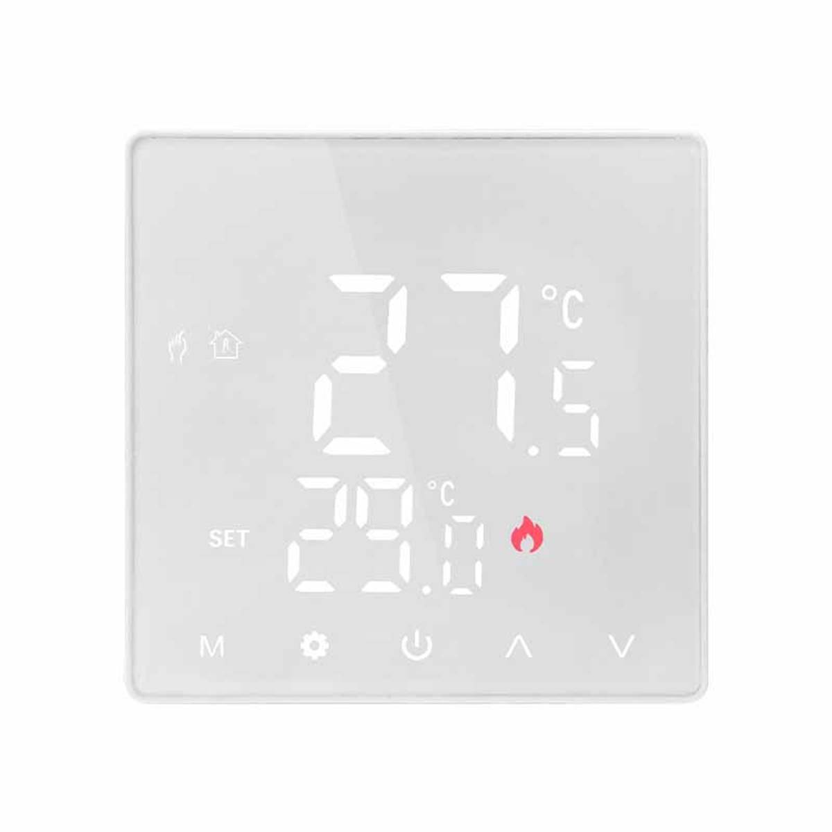 Digitale Thermostatanzeige mit einer aktuellen Temperatur von 27,5°C und einer eingestellten Temperatur von 23,0°C, wobei die Heizungsanzeige leuchtet.