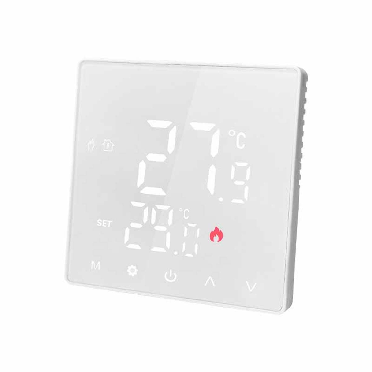 Wandmontiertes digitales Thermostat-Display mit Anzeige von 27,9°C, eingestellter Temperatur 28,0°C und einem Wärmeflammen-Symbol.