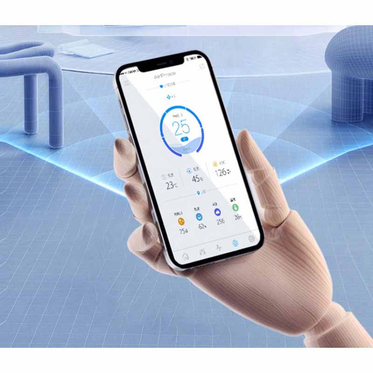 Hand hält ein Smartphone, auf dem eine Home-Control-App mit einem zentralen Temperaturregler auf 25° und mehreren Gerätestatus-Symbolen angezeigt wird.