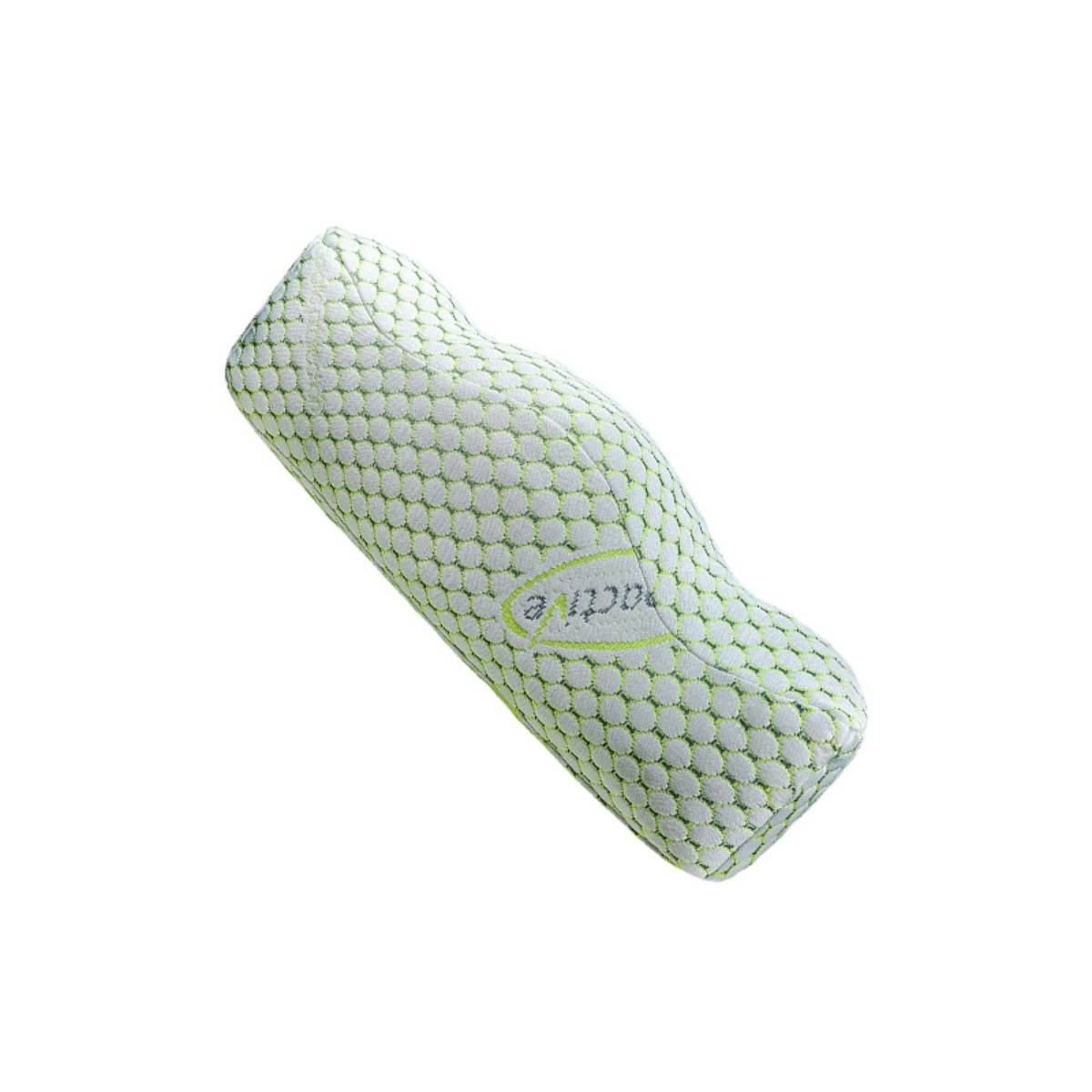 Grüne zylindrische Schutzmanschette oder Rolle aus Mesh mit kleinem ovalem Logo auf weißem Hintergrund.