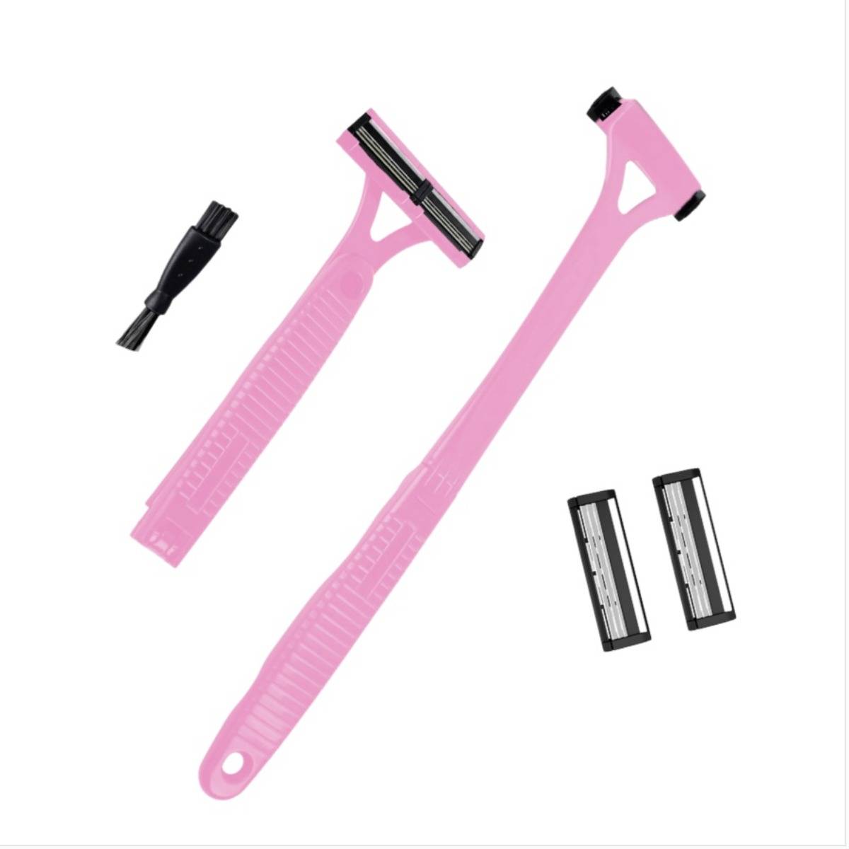 Rosa Rasiergriff mit zwei austauschbaren Rasierklingen und einem kleinen schwarzen Trimmer-Aufsatz auf weißem Hintergrund.