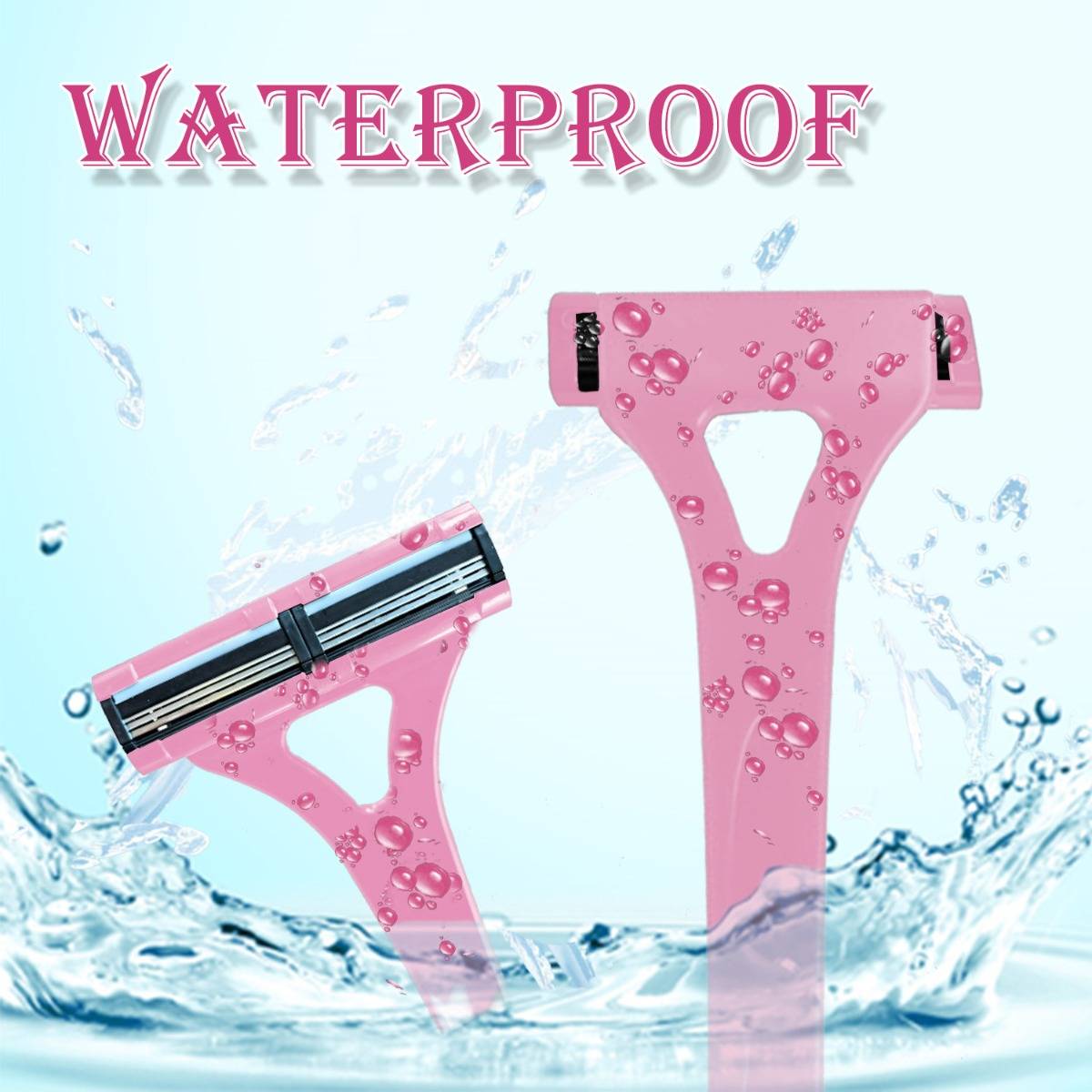 Rosa wasserfester Rasierer mit zwei Ansichten, die durch Wasser spritzen, mit dem Wort „WASSERFEST