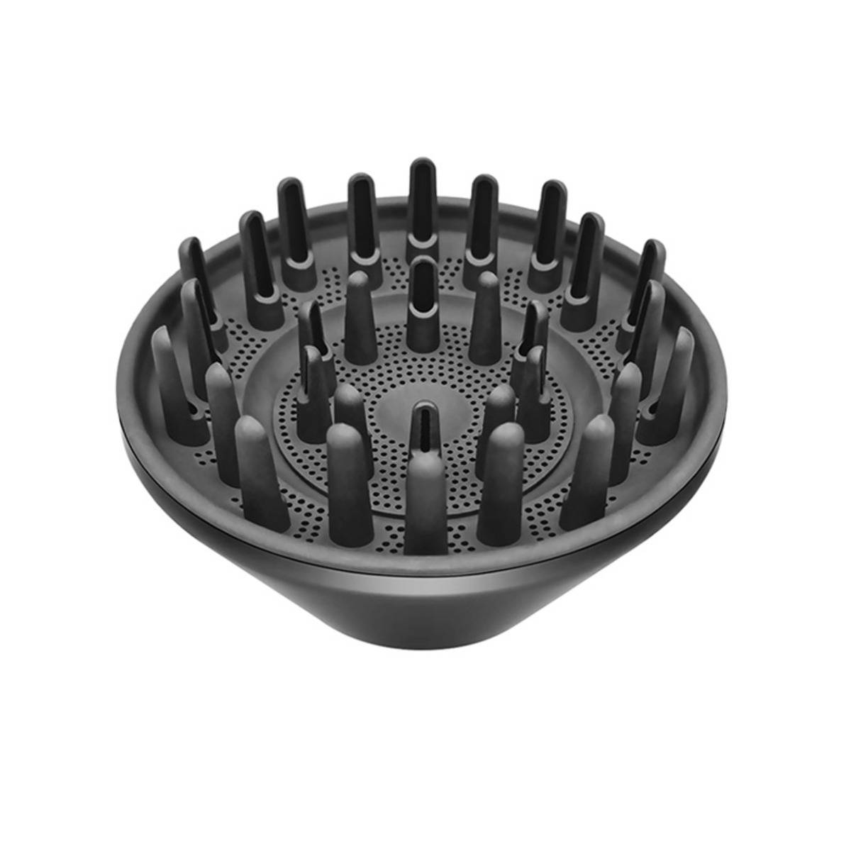 Schwarzes Haarfön-Diffusoraufsatz mit erhöhten Zinken und perforierter Basis zur Verteilung des Luftstroms beim Haartrockner.