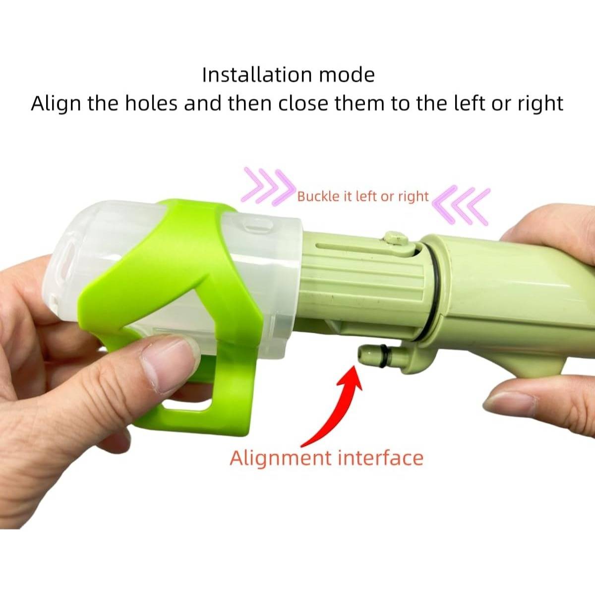 Instructives Bild, das Hände zeigt, die zwei Teile eines grünen tragbaren Geräts ausrichten und schließen, mit Pfeilen und Beschriftungen "Installationsmodus"" und ""Ausrichtungsschnittstelle"", die angeben, wie es nach links oder rechts verriegelt werden kann.