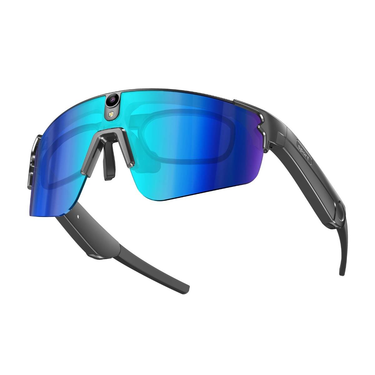 Blaue verspiegelte Wrap-Around-Smart-Sonnenbrille mit Kamera und schwarzen Bügeln