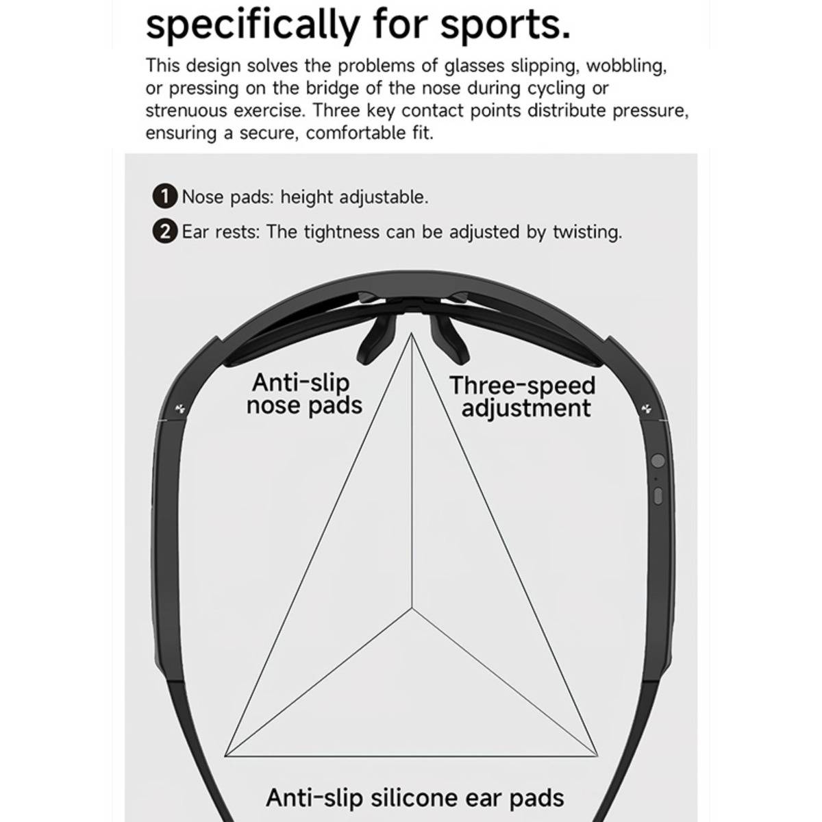 Diagramm einer Sportbrille mit rutschfesten Nasenpads, verstellbaren Ohrenbügeln und Silikon-Ohrenpads für einen sicheren Sitz während des Trainings.