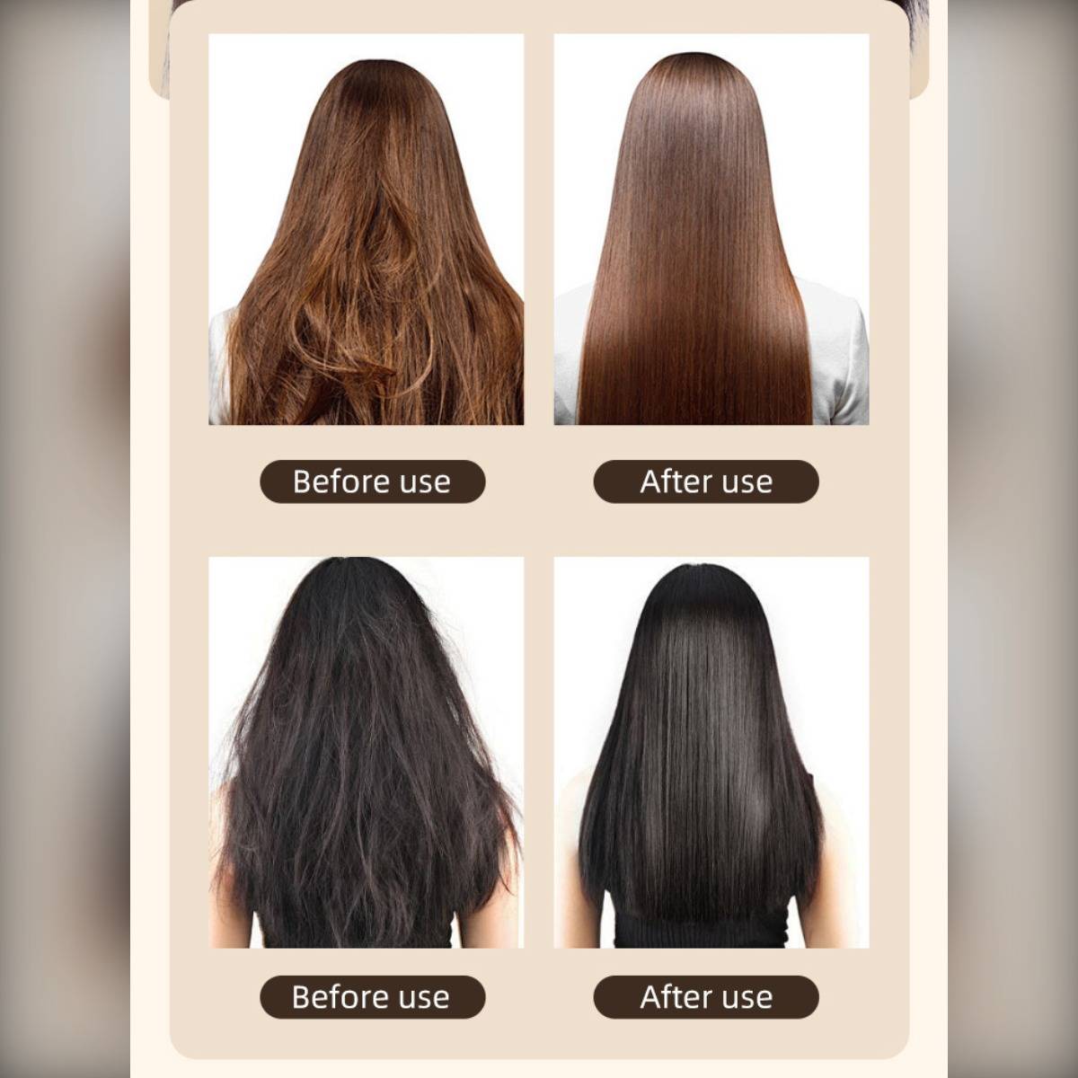 Vergleichsbild zeigt Haare vorher und nachher: zwei Frauenrücken mit krausem, stumpfem Haar, das nach Gebrauch glatter, gerader und glänzender wird.