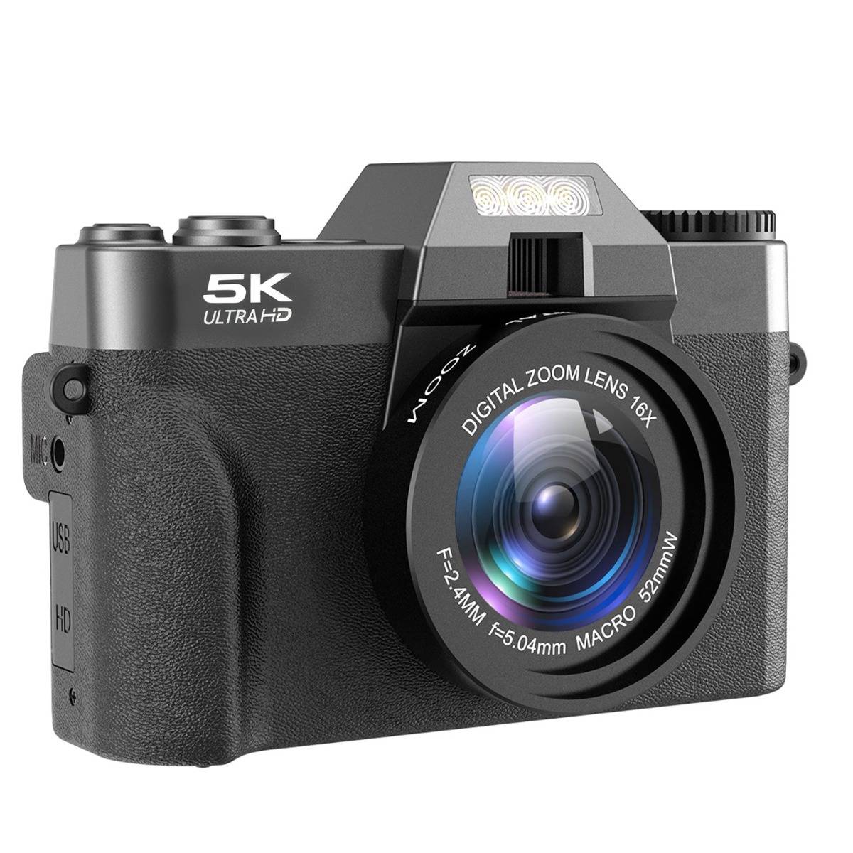 Schwarze kompakte digitale Kamera mit der Bezeichnung „5K Ultra HD