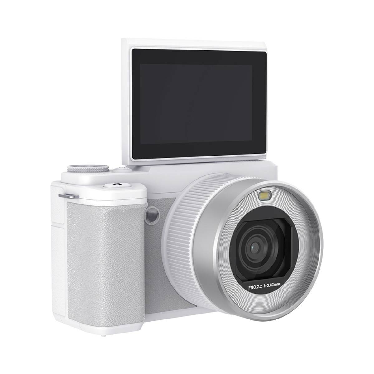 Weiße digitale Kamera mit großem Frontobjetiv und kleinem aufklappbarem LCD-Bildschirm oben, gezeigt vor einfachem Hintergrund.