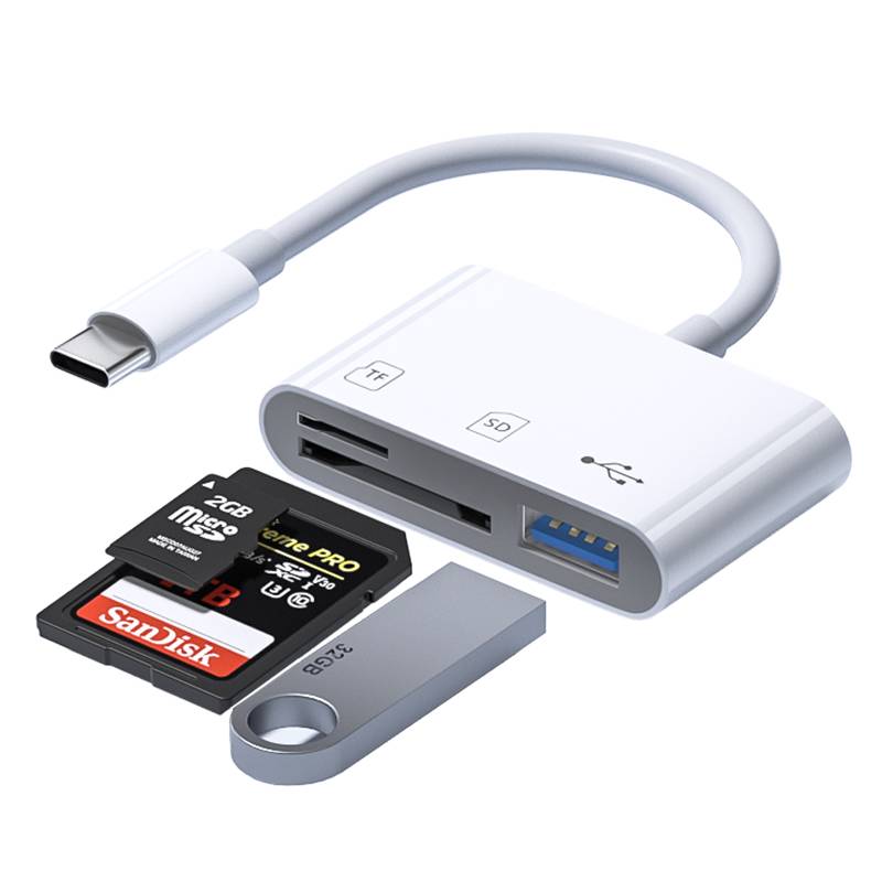 USB-C-Hub mit SD- und TF-Kartensteckplätzen, USB-A-Anschluss und USB-C-Stecker; gezeigt mit microSD-, SD- und USB-Flash-Speichergeräten.