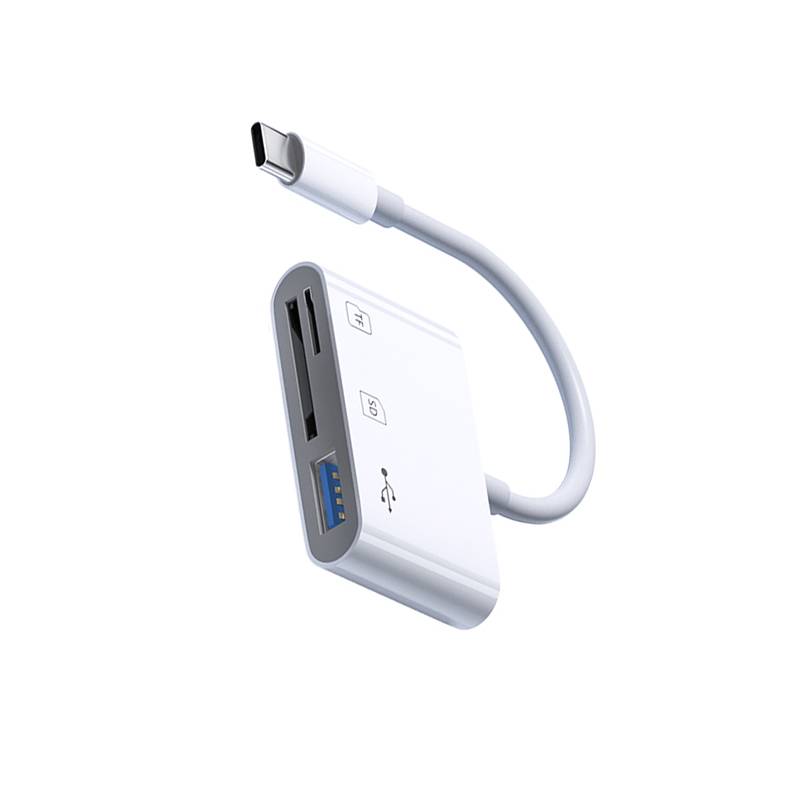 USB-C-Adapter mit USB-A-, SD- und microSD-Kartensteckplätzen, gezeigt auf weißem Hintergrund.