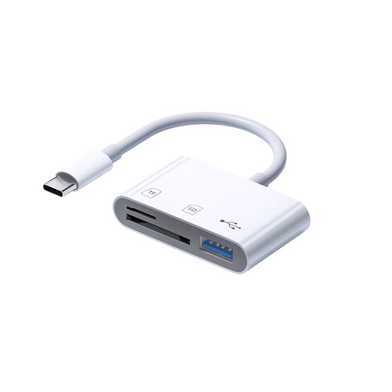 USB-C-Adapter mit SD- und microSD-Kartensteckplätzen und einem USB-A-Anschluss auf einem kurzen Kabel