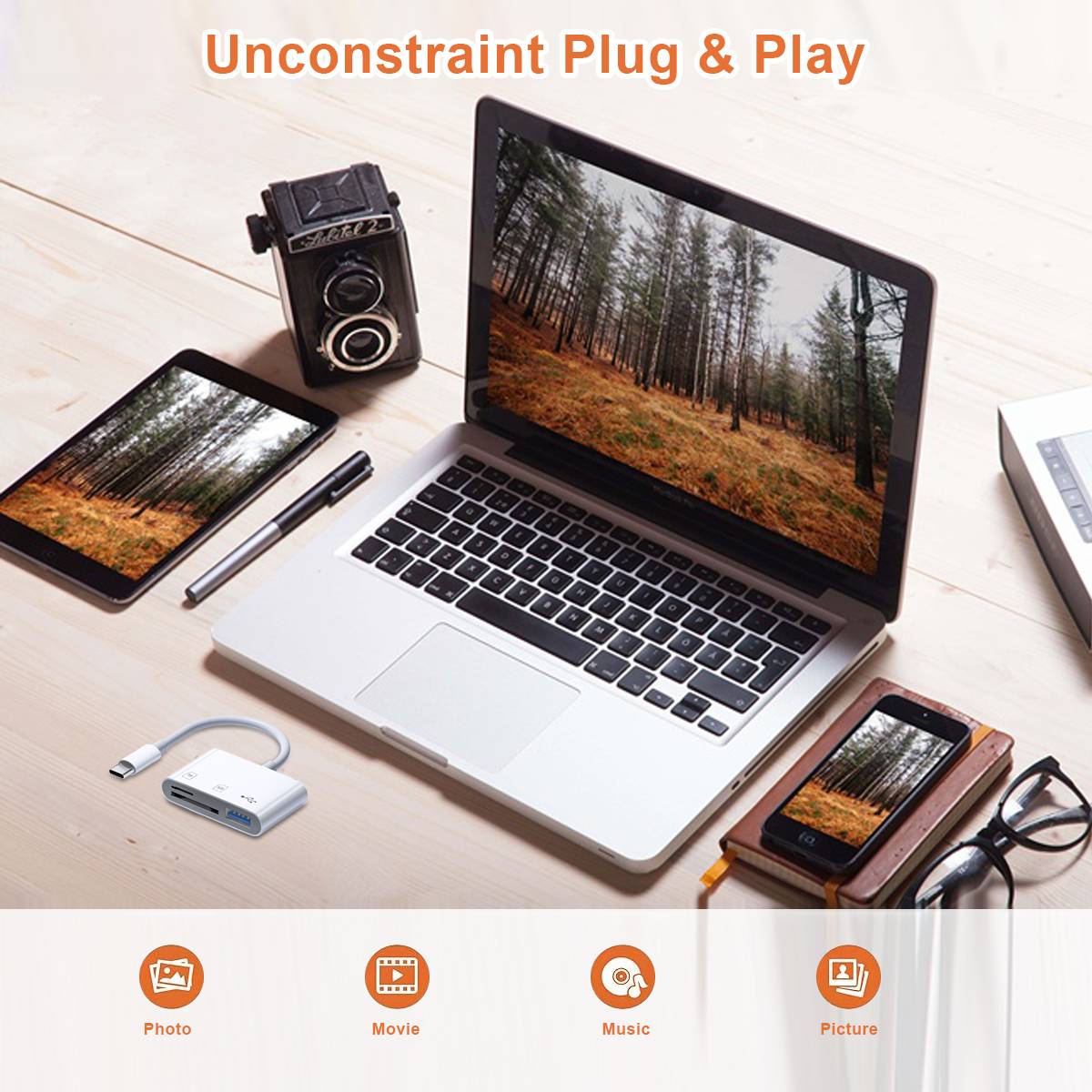 Laptop zeigt ein Waldfotos mit Telefon, Tablet, Kamera und Mediensymbolen mit den Beschriftungen „Foto