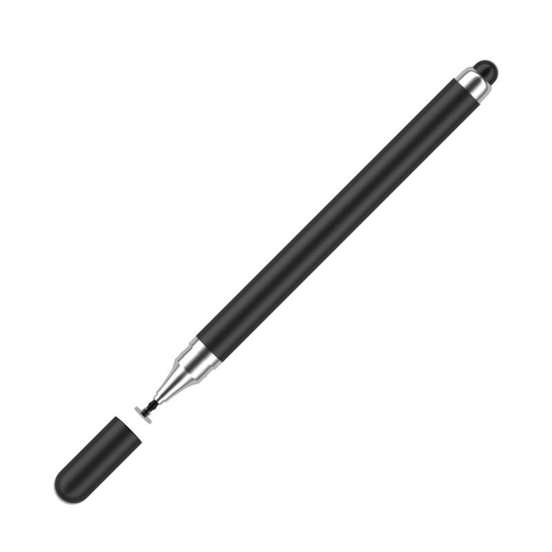 Schwarzer Stylus-Stift mit abgenommener Kappe, diagonal auf weißem Hintergrund gezeigt.
