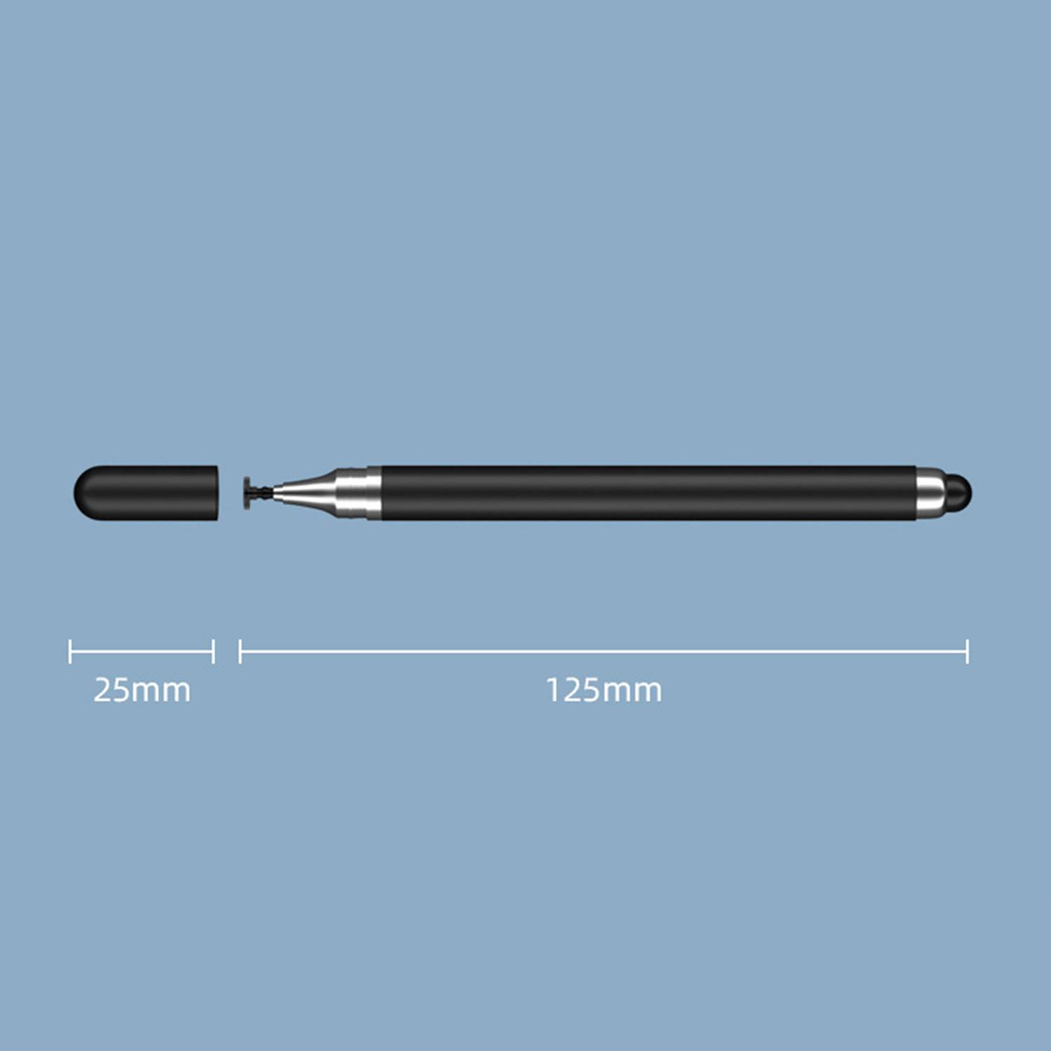 Schwarzer Stylus-Stift mit abgenommener Kappe, gekennzeichnet mit 125 mm Gesamtlänge und 25 mm Kappenlänge.