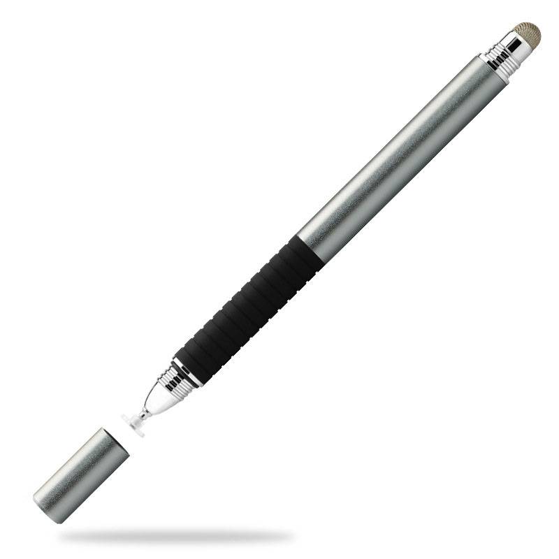 Silberner Eingabestift mit schwarzem Griff und abnehmbarer Kappe auf weißem Hintergrund.