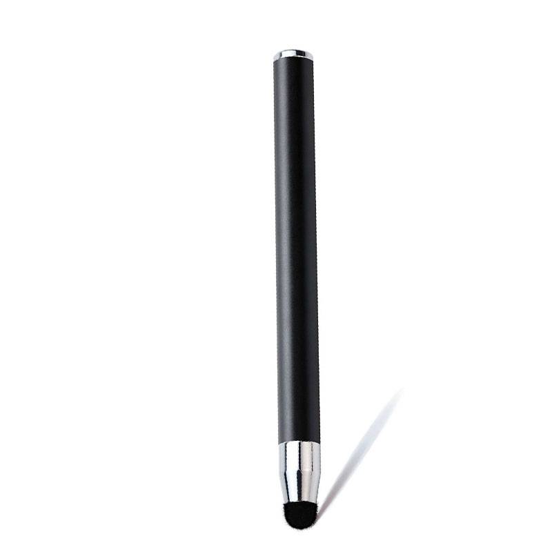 Schwarzer Stylus-Stift mit silbernen Akzenten und einer spitzen Gummikappe auf weißem Hintergrund.