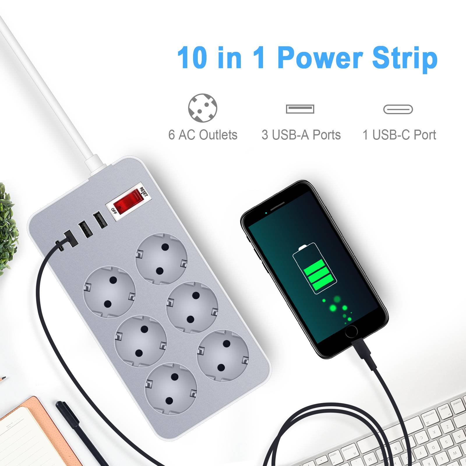 Produktbild eines "10-in-1-Steckerleistensets"" mit 6 AC-Steckdosen, 3 USB-A-Anschlüssen und 1 USB-C-Anschluss, das auf einem Schreibtisch ein Telefon auflädt.