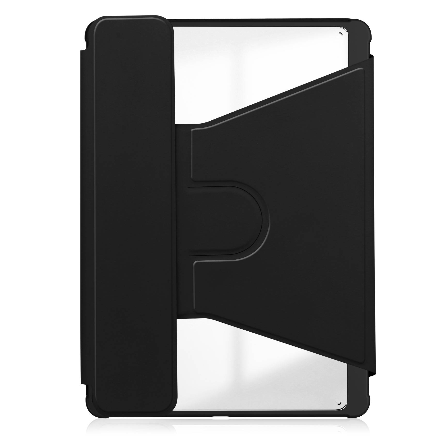 Schwarze Tablet-Schutzhülle mit ausklappbarem Ständer, geschlossen um ein Tablet auf weißem Hintergrund gezeigt.