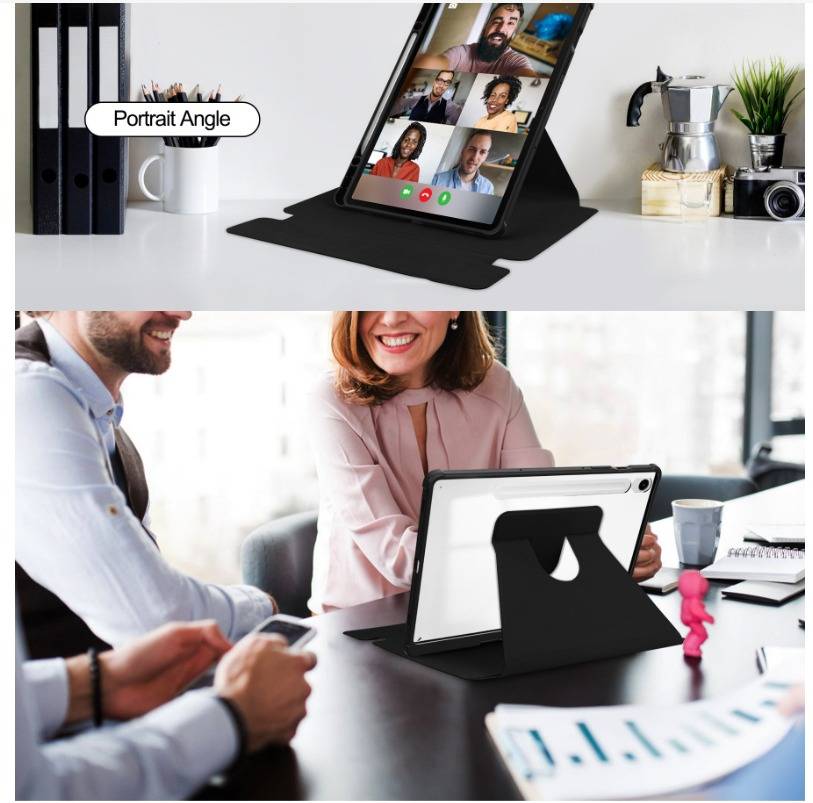 Tablet in schwarzem Ständer, das einen Videoanruf im Hochformat zeigt; unteres Bild zeigt Kollegen, die sich um ein Tablet auf einem Schreibtisch versammeln.