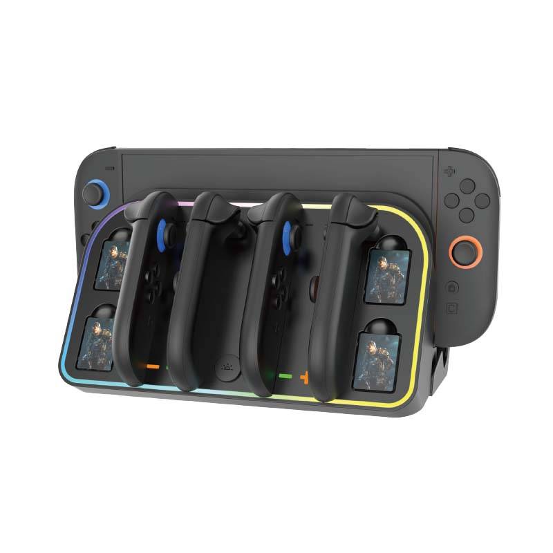 Nintendo Switch Docking-Station mit vier angebrachten Joy-Con-Controllern und beleuchtetem Rand, gezeigt auf weißem Hintergrund.