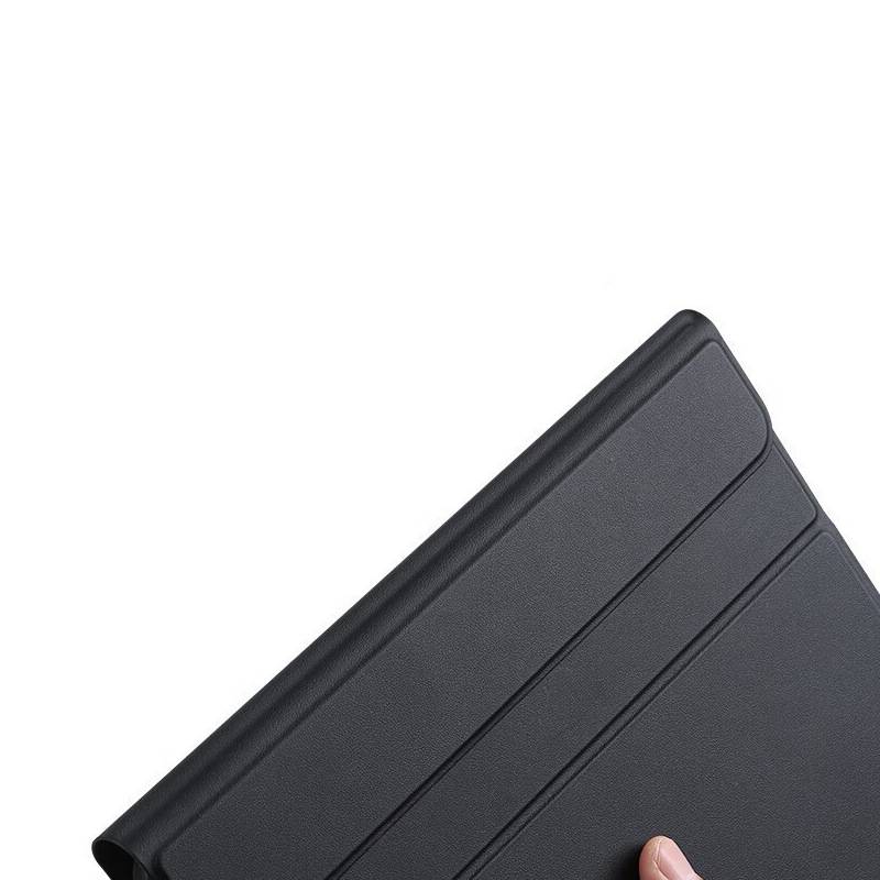 Nahaufnahme eines dunkelgrauen faltbaren Tablet-Schutzkastens, diagonal auf weißem Hintergrund dargestellt.