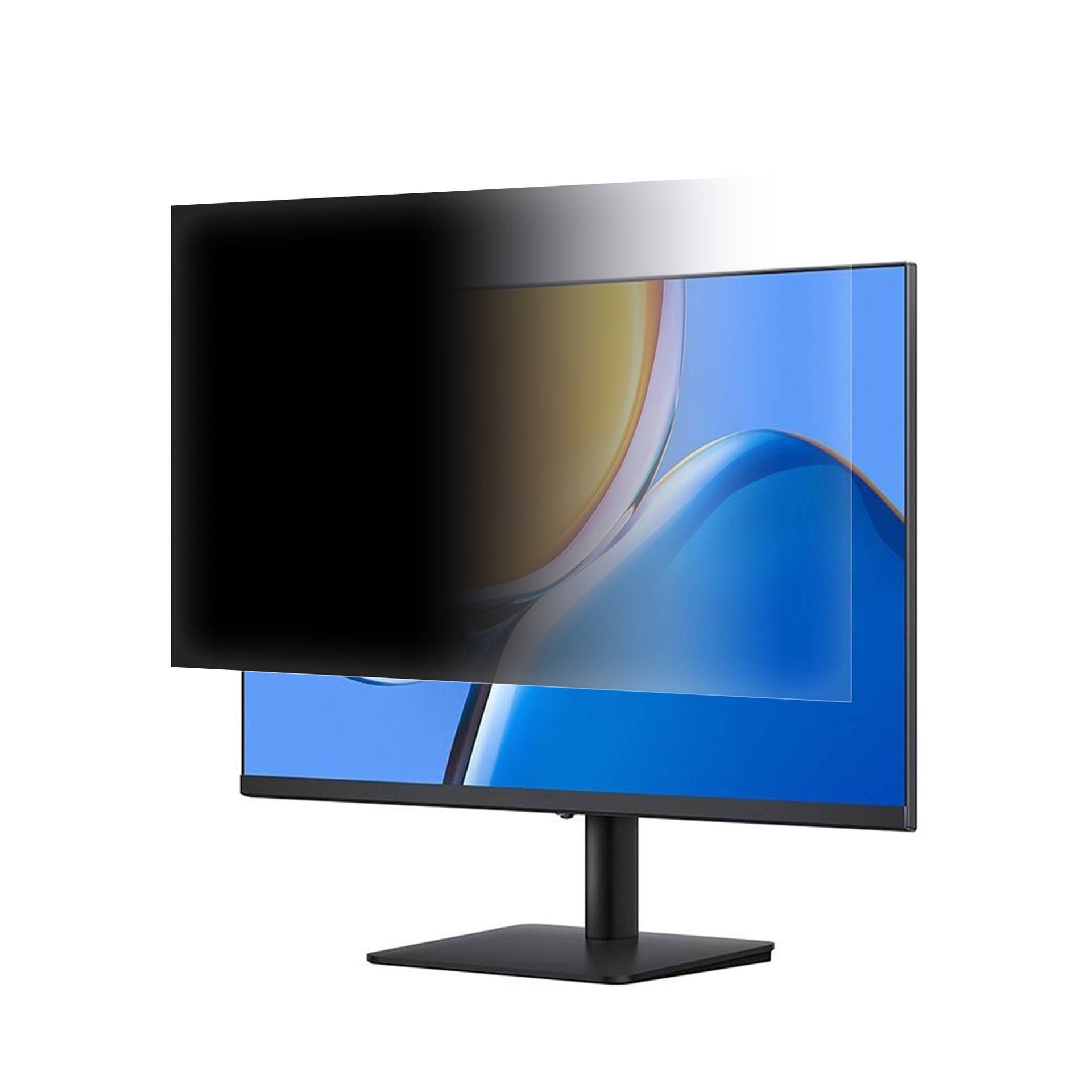 Flachbildschirm-Monitor, der eine blaue abstrakte Tapete anzeigt, teilweise überlagert von einem halbdurchsichtigen dunklen Overlay-Panel.