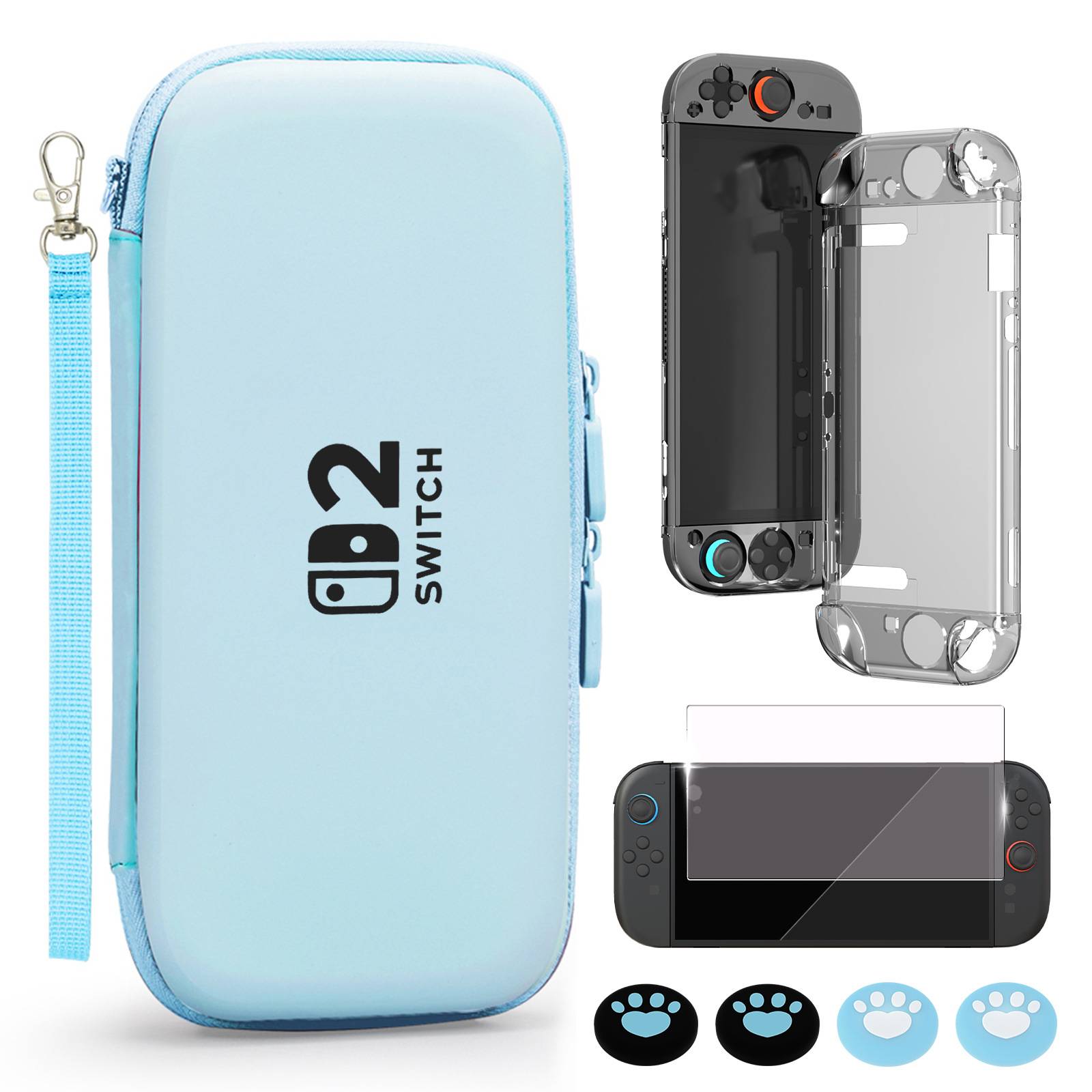 Hellblaue Nintendo Switch-Tragetasche mit Handgelenkschlaufe, abgebildet mit transparenter Konsolenschale und Switch-Konsole, plus vier Joystick-Daumengriffen.