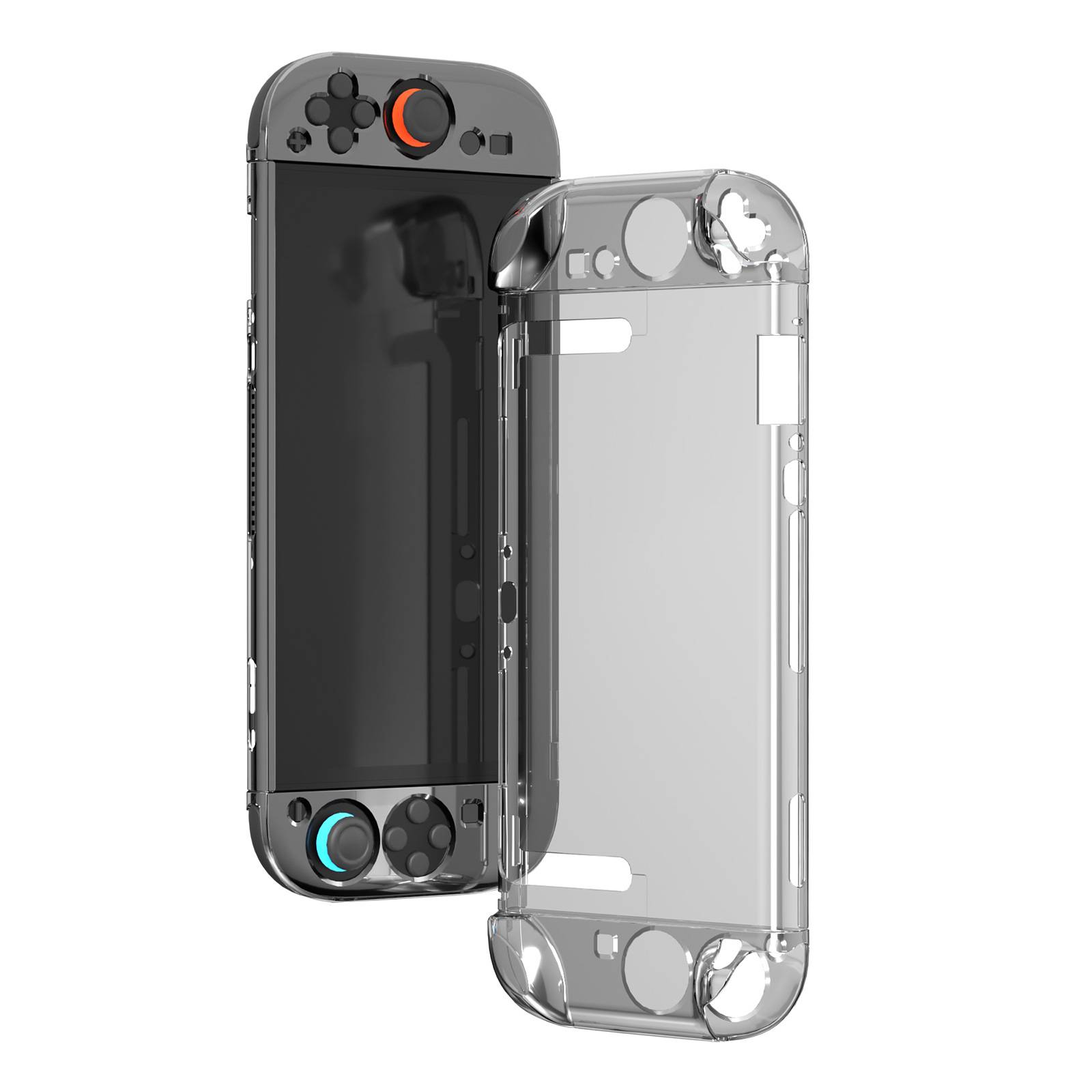 Zwei transparente Smartphone-Schutzhüllen, von vorne und von hinten gezeigt, mit einer dunkel getönten und einer klaren Schale, die Tasten- und Kameraausschnitte hervorhebt.
