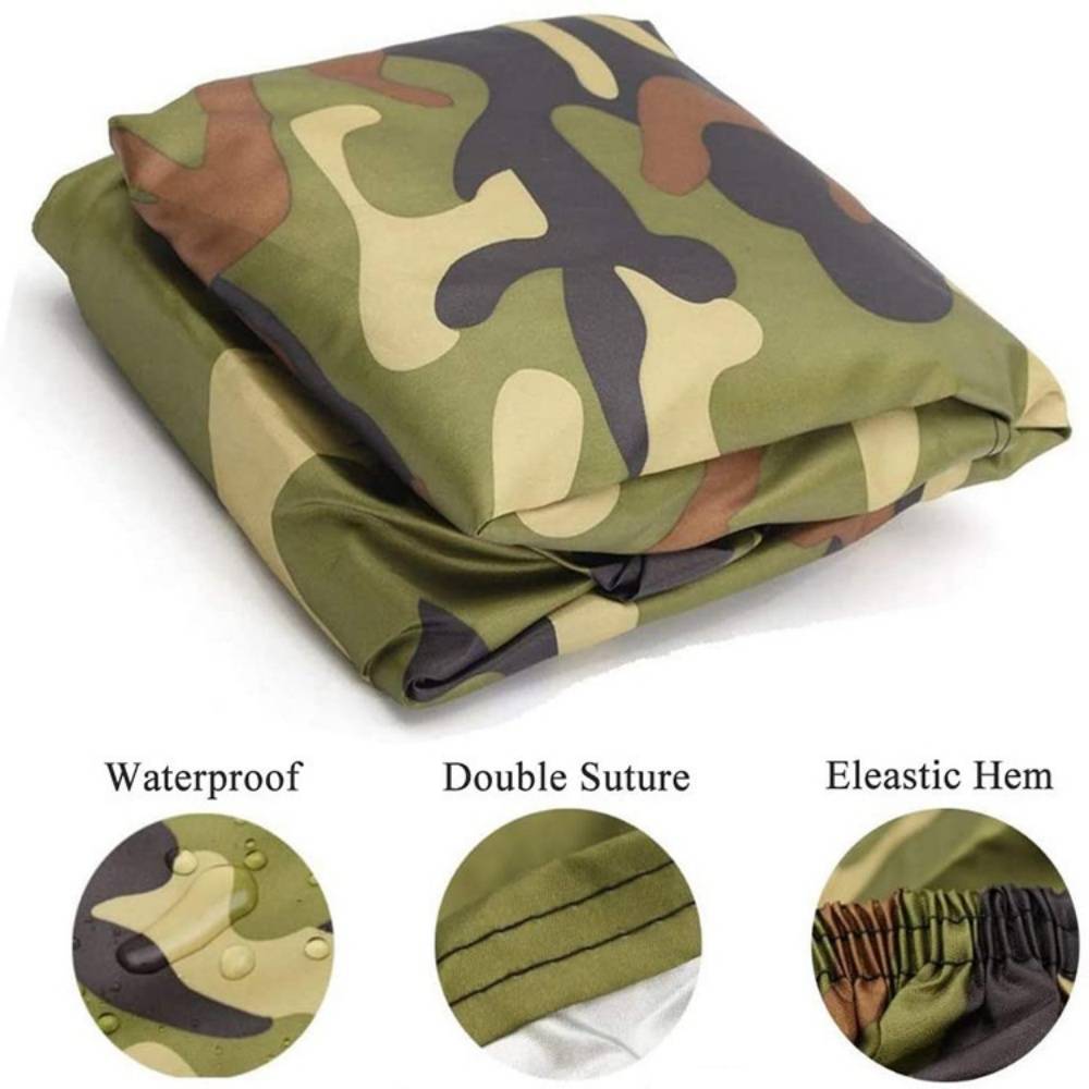 Gefaltete Camouflage-Schutzhülle mit wasserdichtem Material, Nahaufnahmen zeigen wasserdichtes Gewebe, Doppelnaht und elastischen Saum.