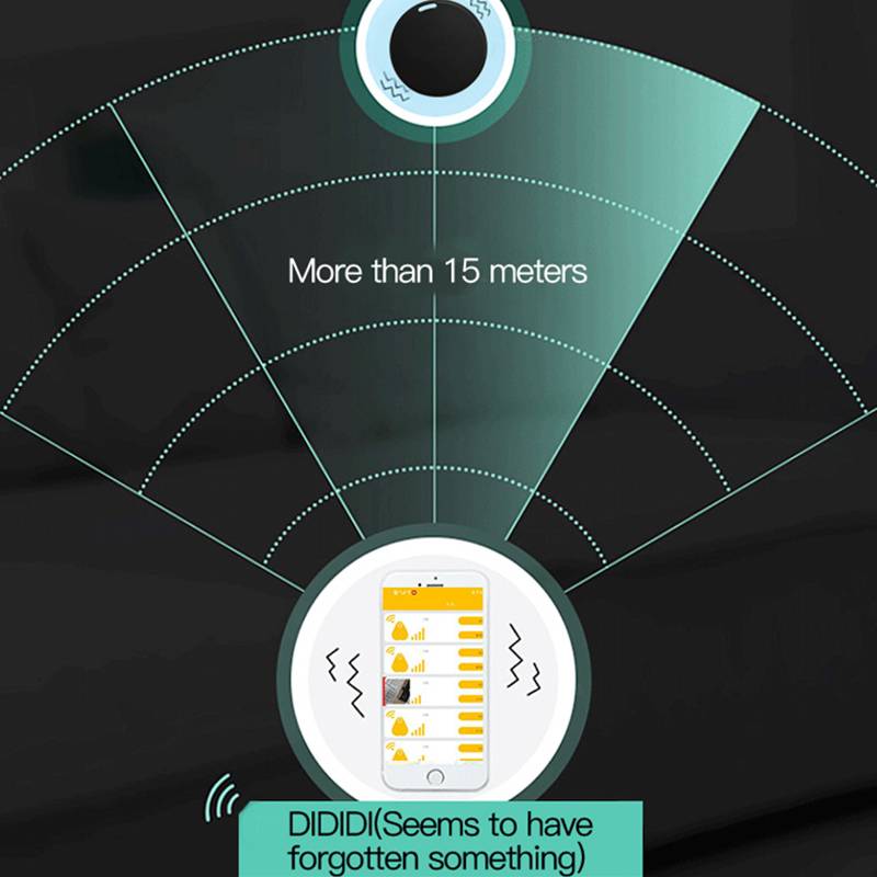 Infografik einer Telefon-Erkennungs-App, die einen Radarsweep zeigt, der ein Smartphone in mehr als 15 Metern Entfernung lokalisiert, mit der Anzeige "DIDIDI (Scheint etwas vergessen zu haben)"".