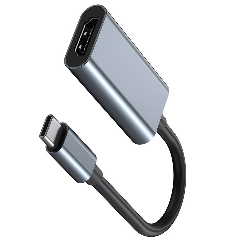 USB-C auf HDMI Adapterkabel mit kompaktem silbernen Dongle und USB-C Stecker auf schwarzem Kabel.