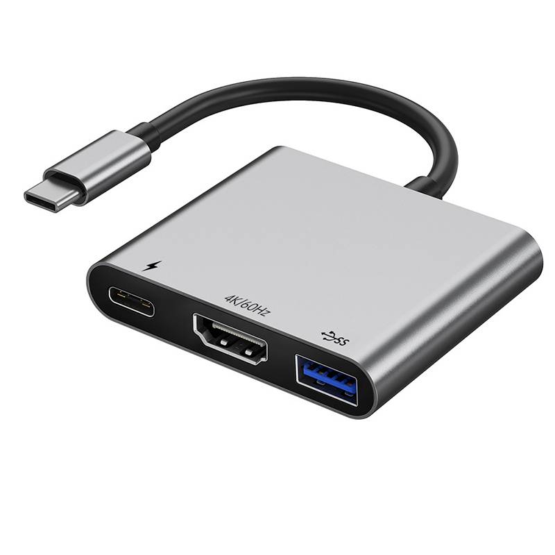 USB-C-Adapter-Hub mit HDMI- und USB-A-Anschlüssen sowie einem USB-C-Anschluss, gekennzeichnet mit 4K60Hz zum Anschließen eines Geräts an Display und Peripheriegeräte.