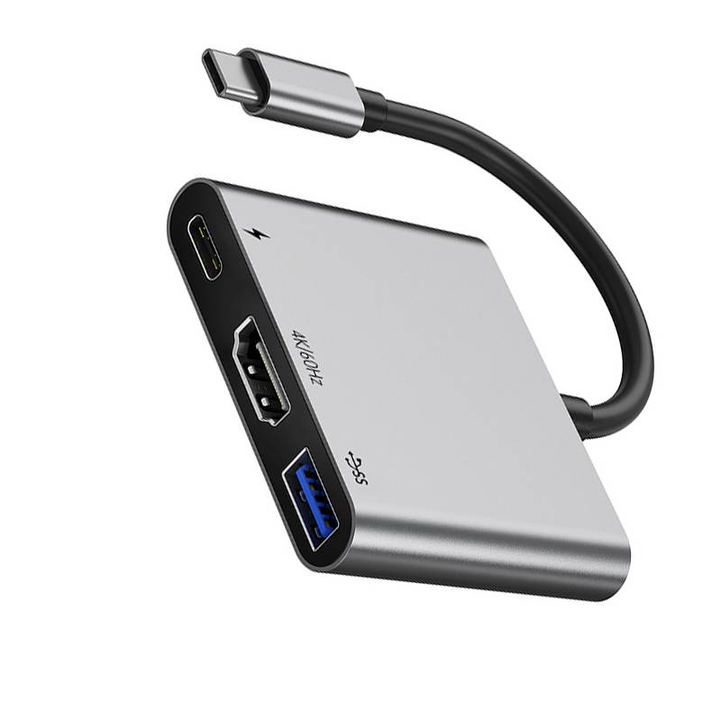 USB-C-Hub-Adapter mit HDMI-, USB-A- und USB-C-Anschlüssen auf einem kurzen Kabel, dargestellt auf weißem Hintergrund.