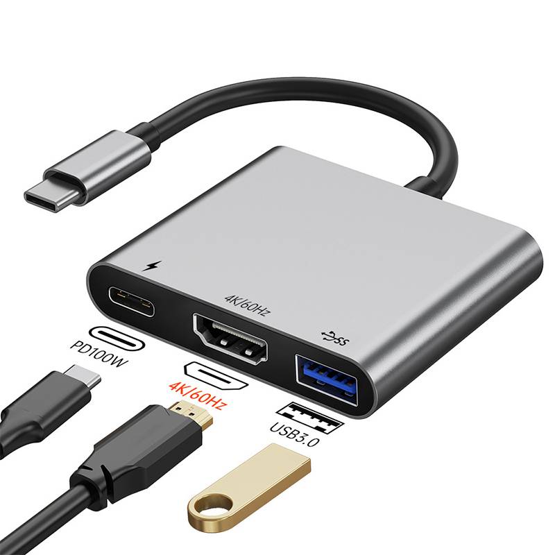 USB-C-Hub-Adapter mit HDMI-, USB-A- und USB-C-Anschlüssen, gekennzeichnet mit 4K/60Hz, PD100W und USB3.0, mit angezeigten kompatiblen Kabeln.