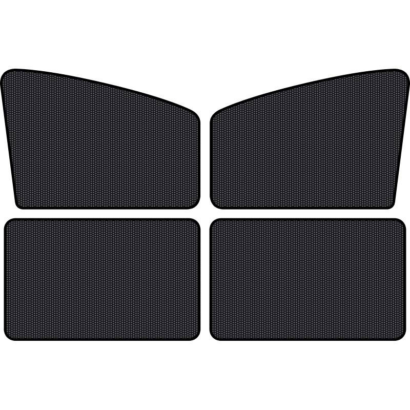 Vier schwarze strukturierte Autofußmatten in einem 2x2-Layout auf weißem Hintergrund angeordnet, wobei das obere Paar oben gekrümmte Kanten hat.