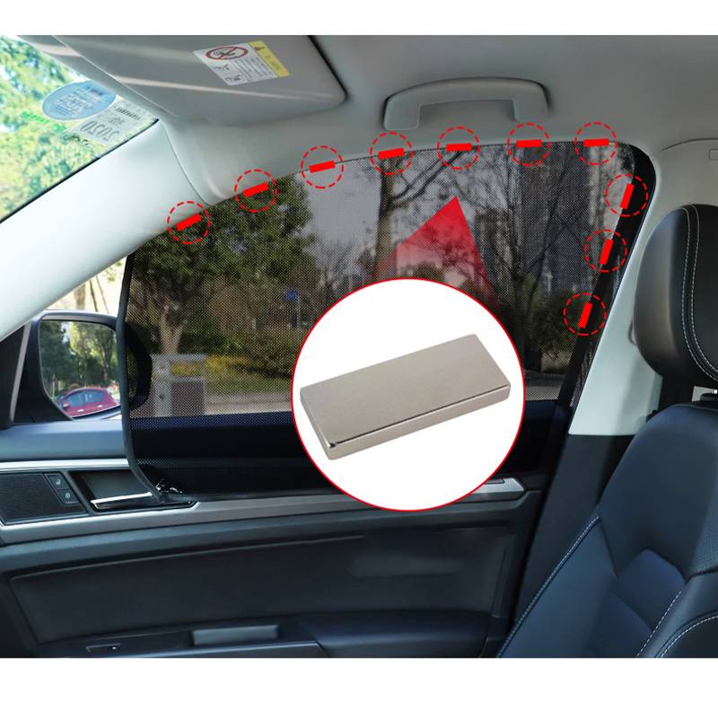 Autofenster mit roten gestrichelten Markierungen, die ein verstecktes Fach oder einen Trimmbereich in der oberen rechten Ecke zeigen, mit einem eingefügten Bild eines kleinen rechteckigen Metallgeräts.