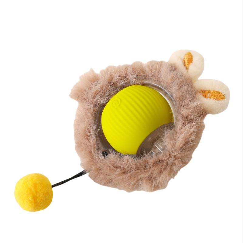 Plüsch-Katzenspieler mit einem gelben Ball in der Mitte, Kaninchenohren und einem baumelnden Pompom an einem Faden.