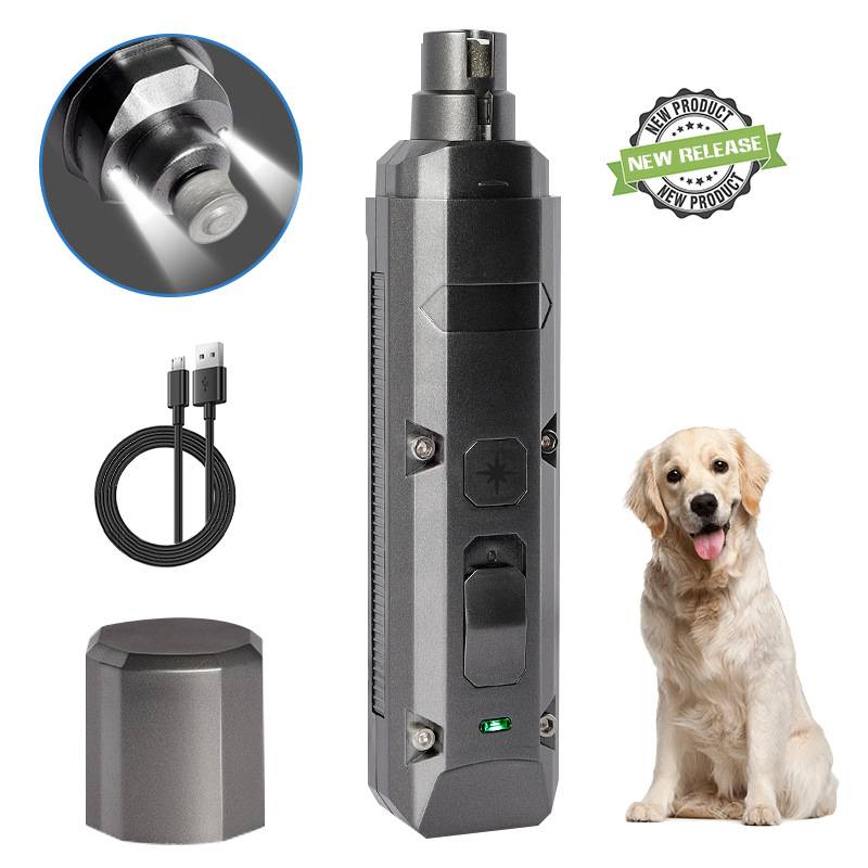 Tragbarer elektrischer Hundekrallenschleifer mit USB-Ladekabel, Nahaufnahme des Schleifkopfes im Inset und ein sitzender Golden Retriever zur Größenangabe