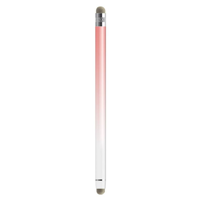 Ein Eingabestift mit einem rosa-zu-weiß Farbverlauf und Metalspitzen, vertikal auf einem schlichten weißen Hintergrund dargestellt.