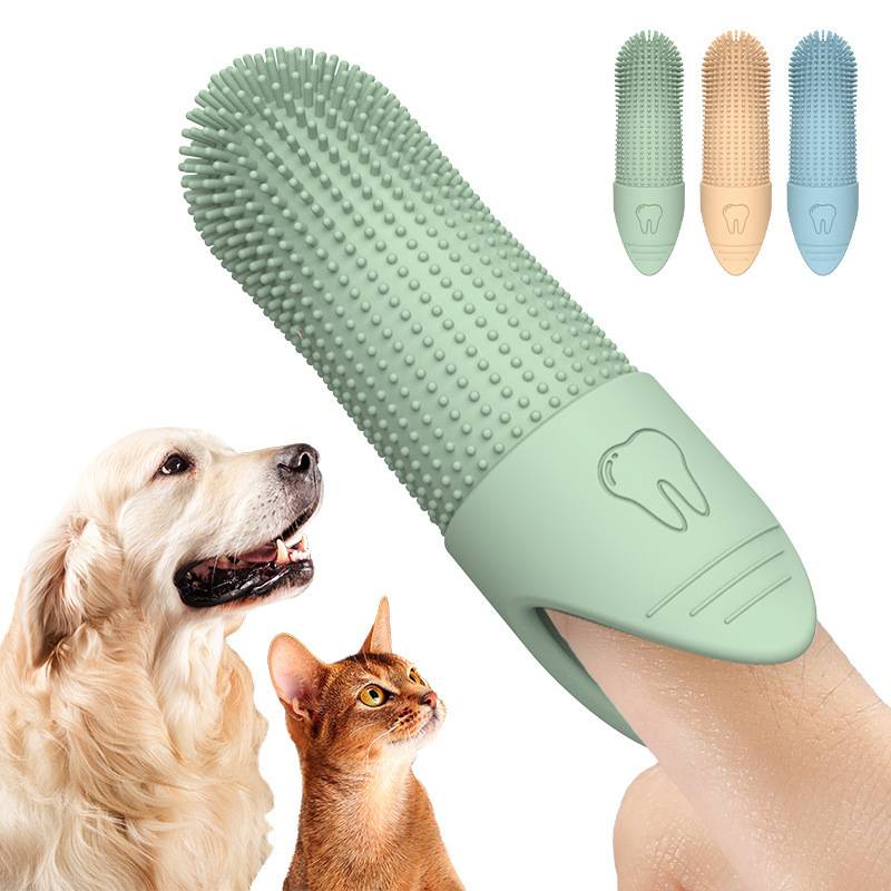 Mintgrüner Silikon-Pflegelehandschuh für Haustiere auf einer Hand, mit kleinem Hund und Katze daneben; die Einfügung zeigt den Handschuh in Grün, Beige und Blau.