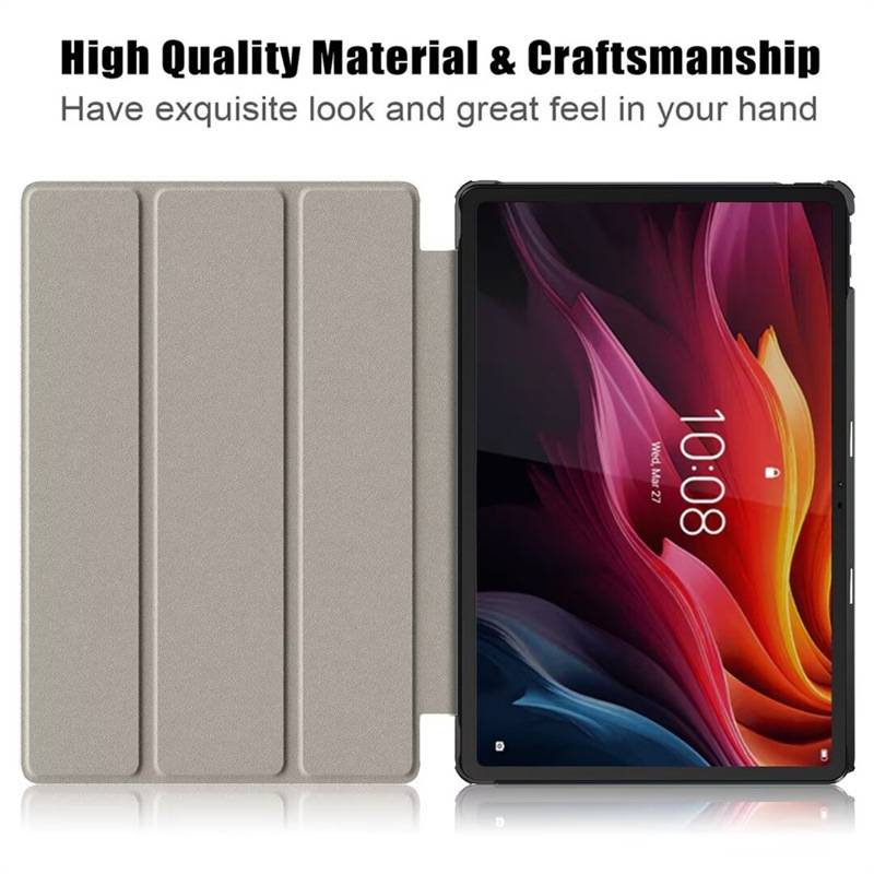 Tablet in einem grauen dreifach faltbaren Etui, geschlossen und geöffnet dargestellt, mit Text, der lautet „Hochwertiges Material und Handwerkskunst" und „Haben ein exquisites Aussehen und ein großartiges Gefühl in Ihrer Hand"".