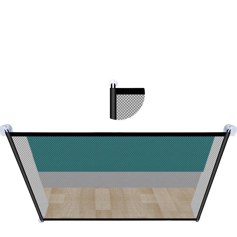 Diagramm eines ausziehbaren Gitternetzes für ein Fenster, das teilweise geöffnet dargestellt wird, mit einer Nahaufnahme der Hardwareteile in der oberen Ecke.
