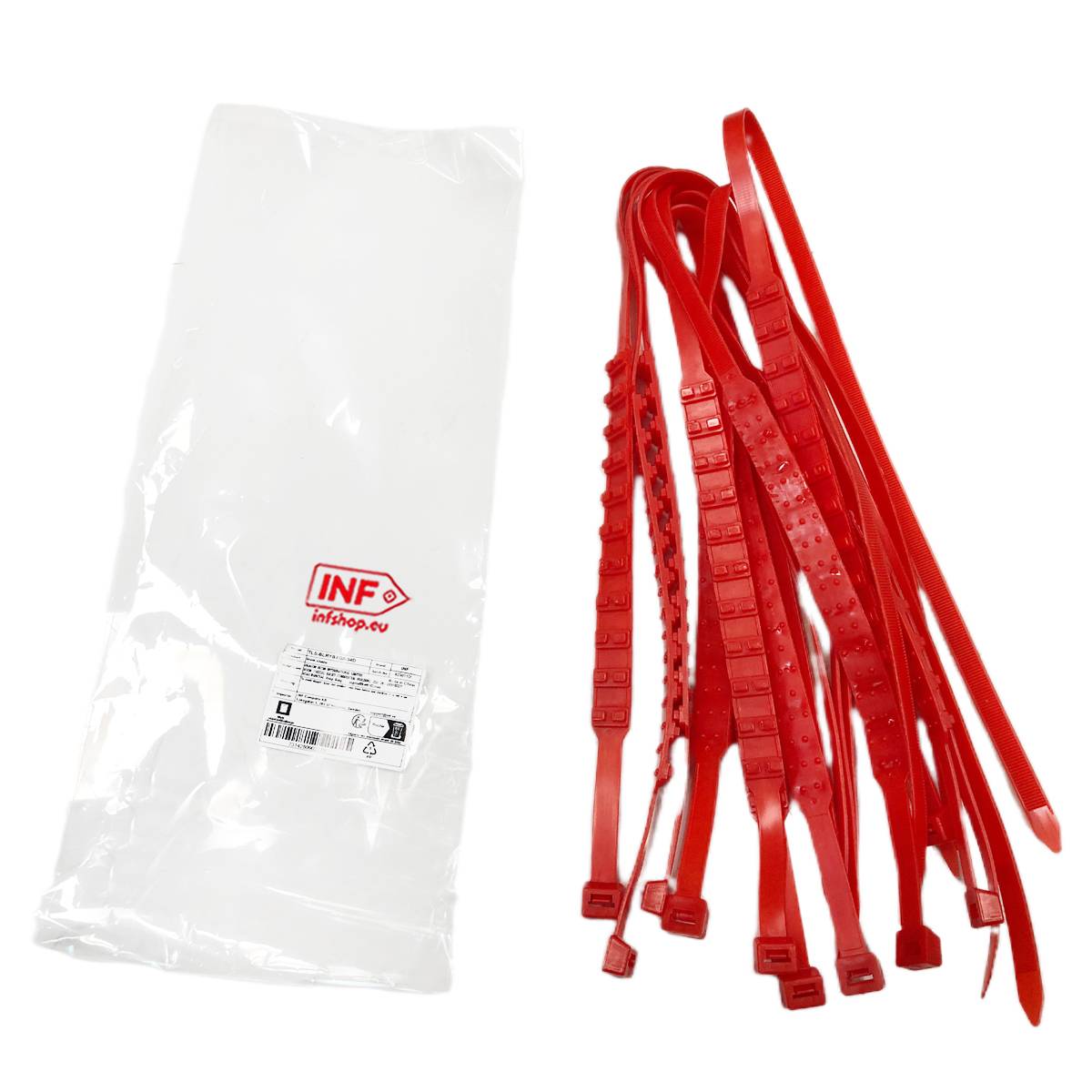 Weiße Plastiktüte mit einer Packung roter Kabelbinder daneben auf einem einfachen Hintergrund.