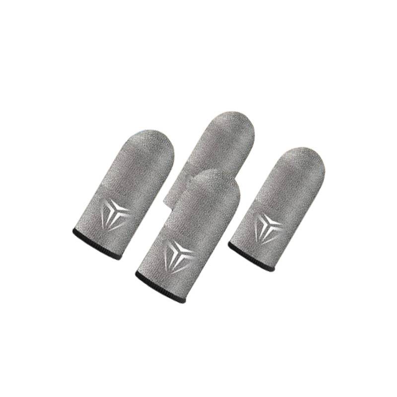 Vier graue Fingerschutzstreifen mit schwarzem Rand und weißem Logo, auf einfachem weißem Hintergrund dargestellt.