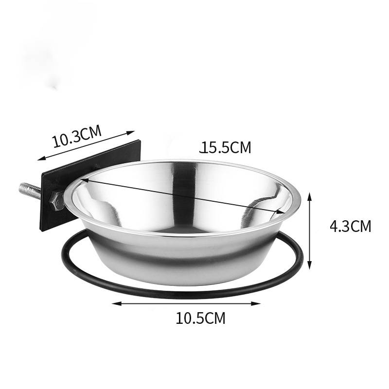 Edelstahlschüssel mit Wandhalterung und kreisförmigem Stützring, gezeigt mit den Abmessungen 15,5 cm breit, 10,5 cm Basis, 4,3 cm hoch, 10,3 cm Halterung.