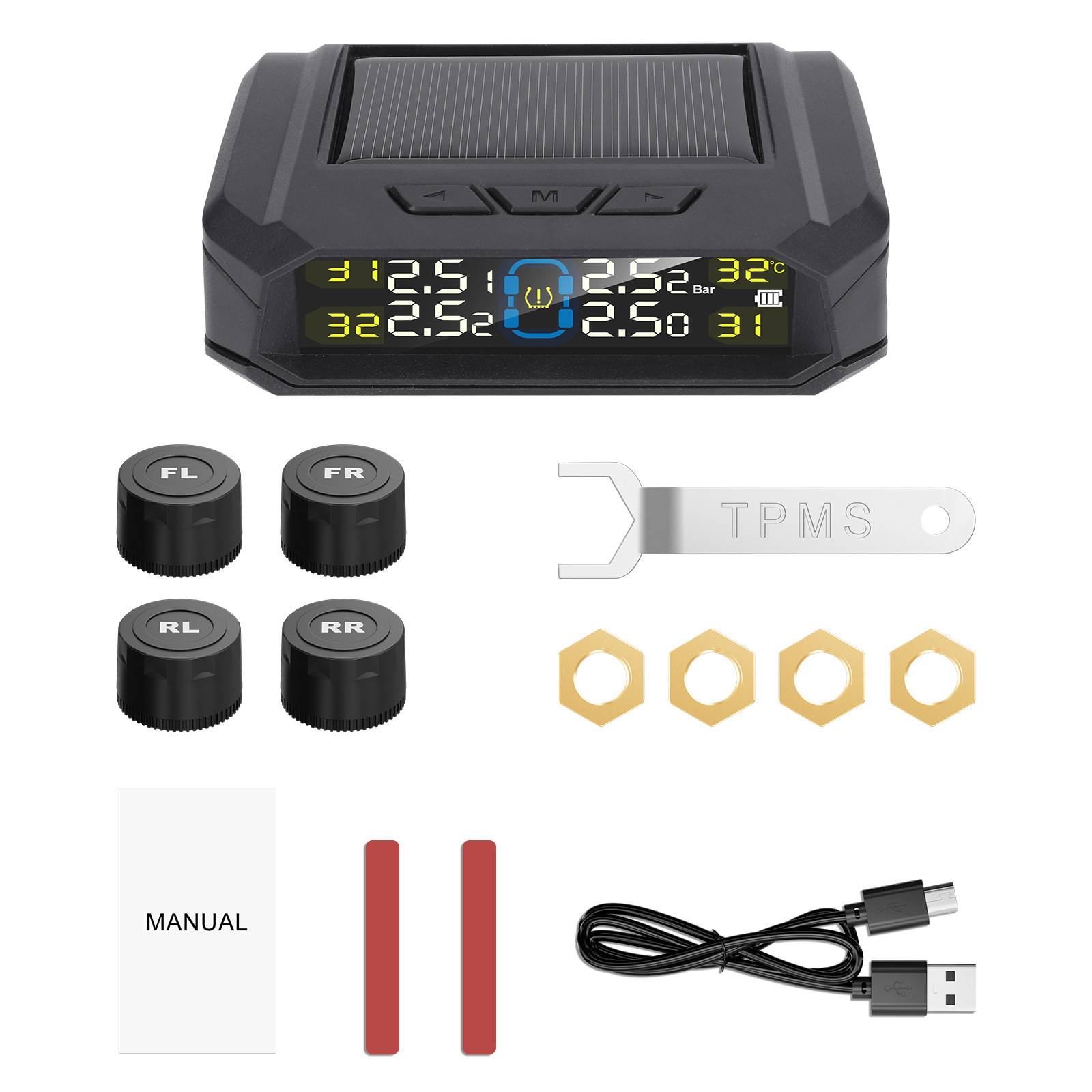 TPMS-Reifendrucküberwachungsset mit Display, vier Radsensoren, Schraubenschlüssel, Bedienungsanleitung, Klebstreifen und USB-Ladekabel.